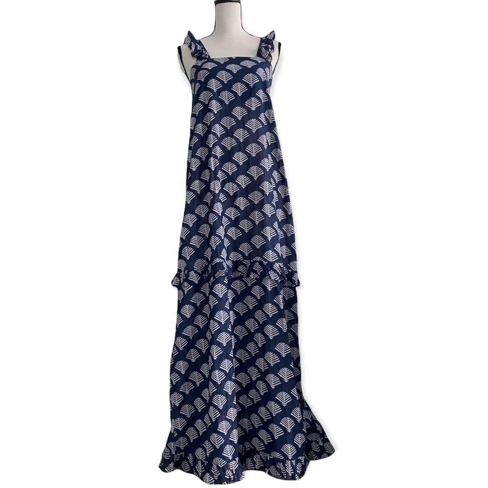Guadalupe Indian Crafted Blue & White with Metallic Thread Ruffle Maxi Dress